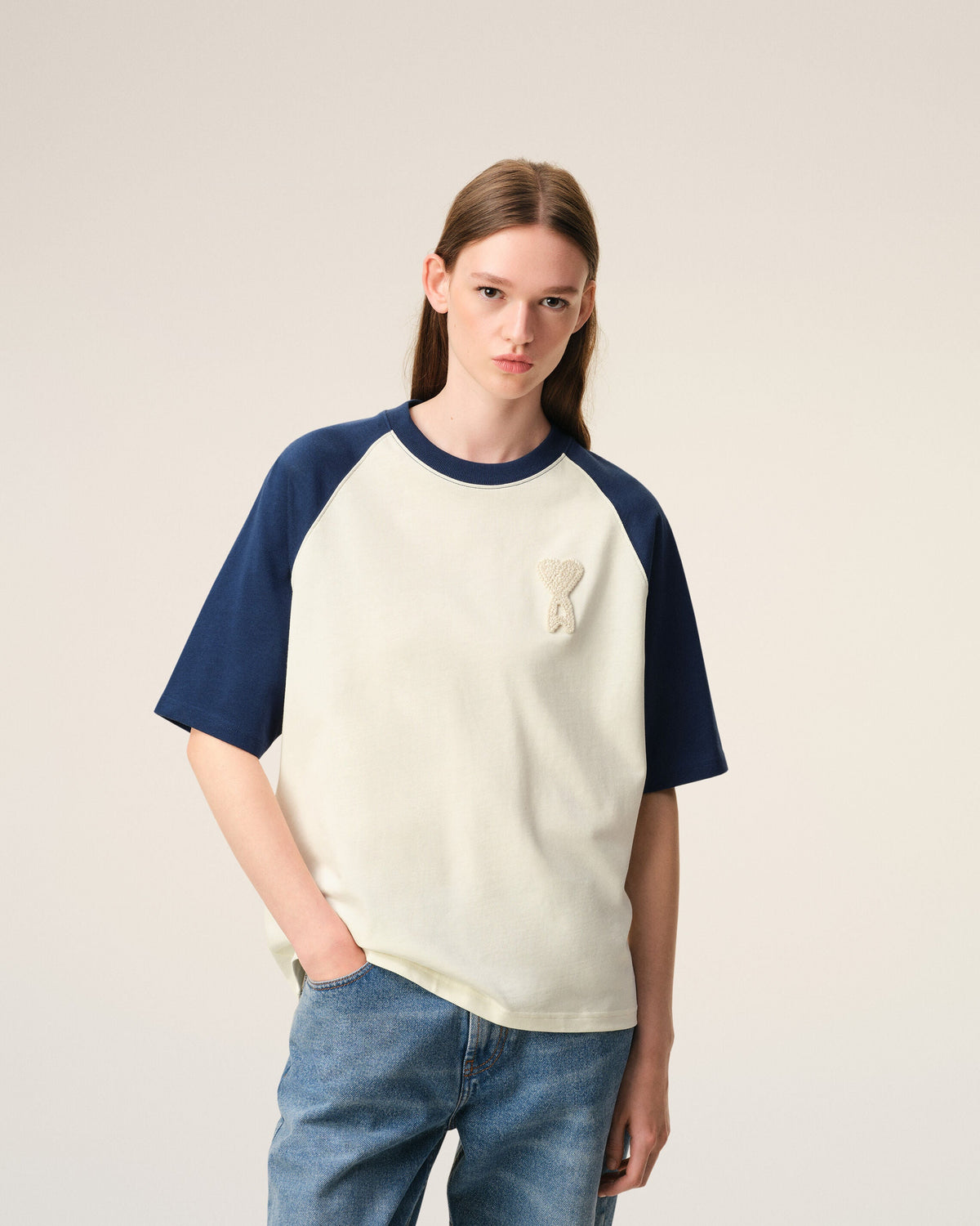 White And Blue Cotton Ami De Coeur Knitted Patch Tshirt