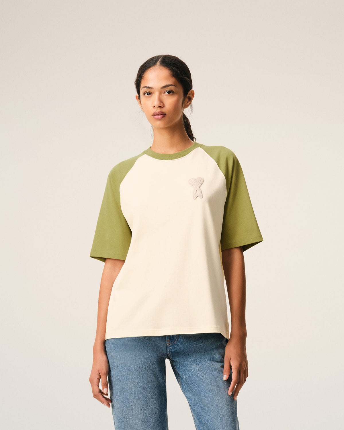 White And Green Cotton Ami De Coeur Knitted Patch Tshirt
