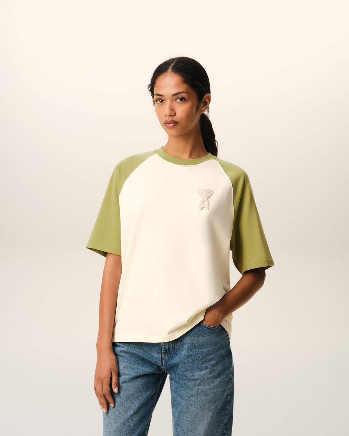 White And Green Cotton Ami De Coeur Knitted Patch Tshirt