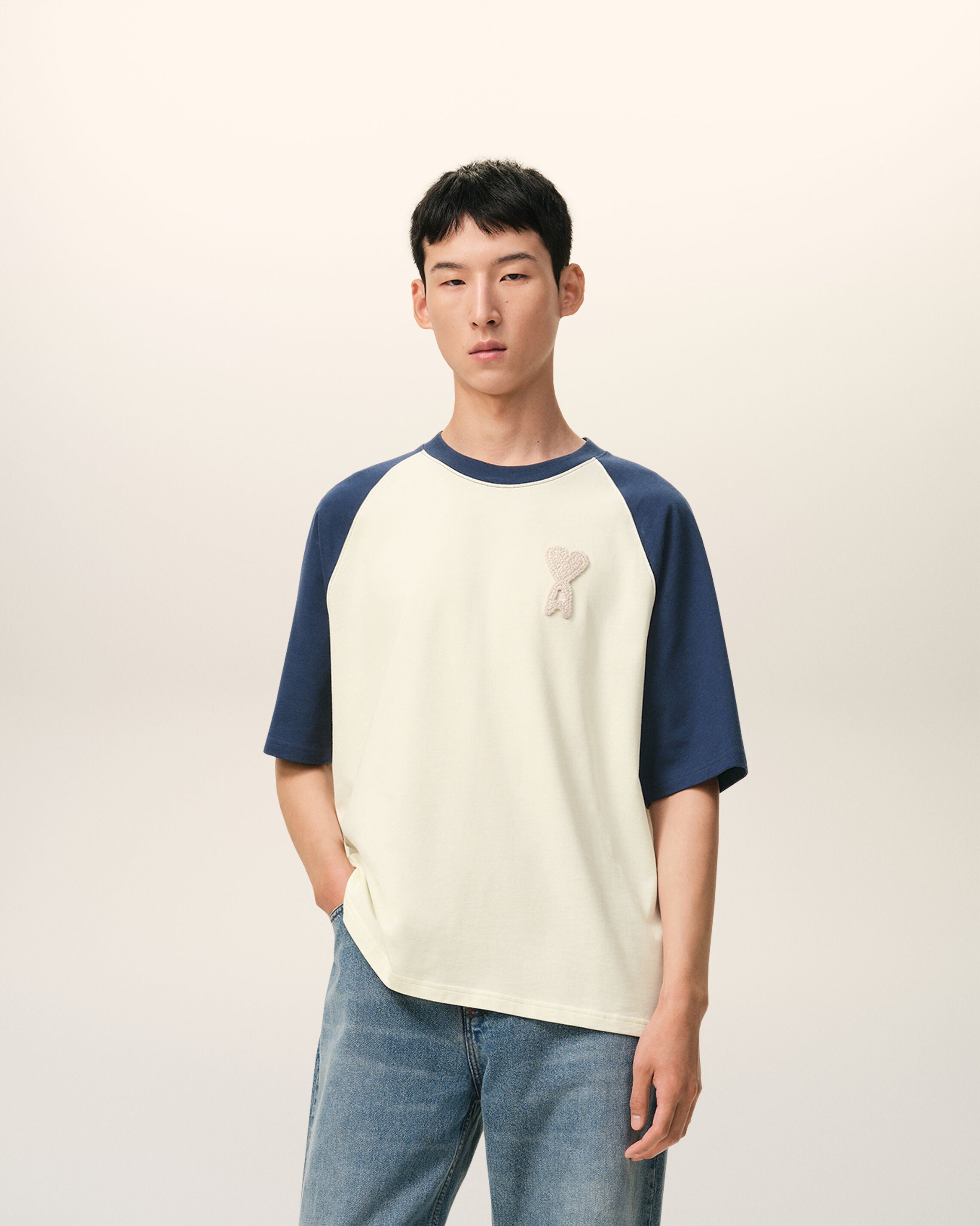 White And Blue Cotton Ami De Coeur Knitted Patch Tshirt