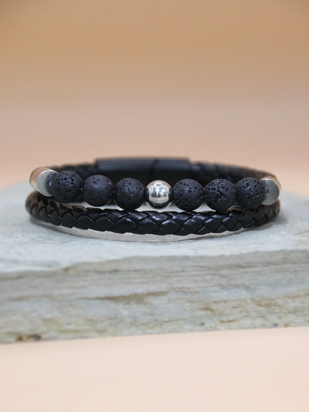 DUAL-LAYER CHARCOAL BEADS BRACELET FOR MEN