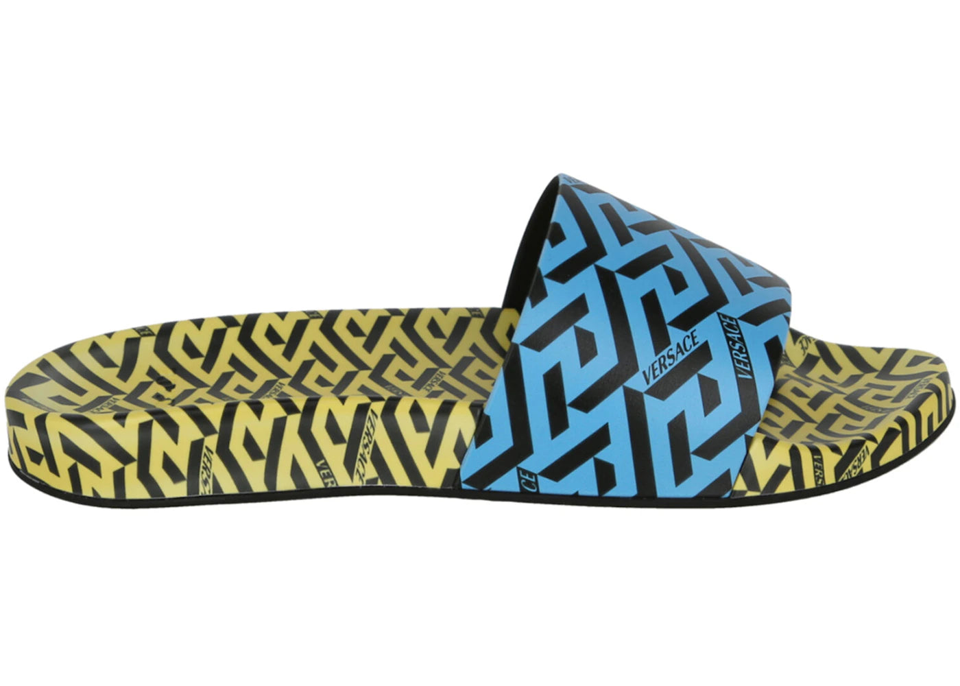 Versace Greca Print Slides Yellow Blue