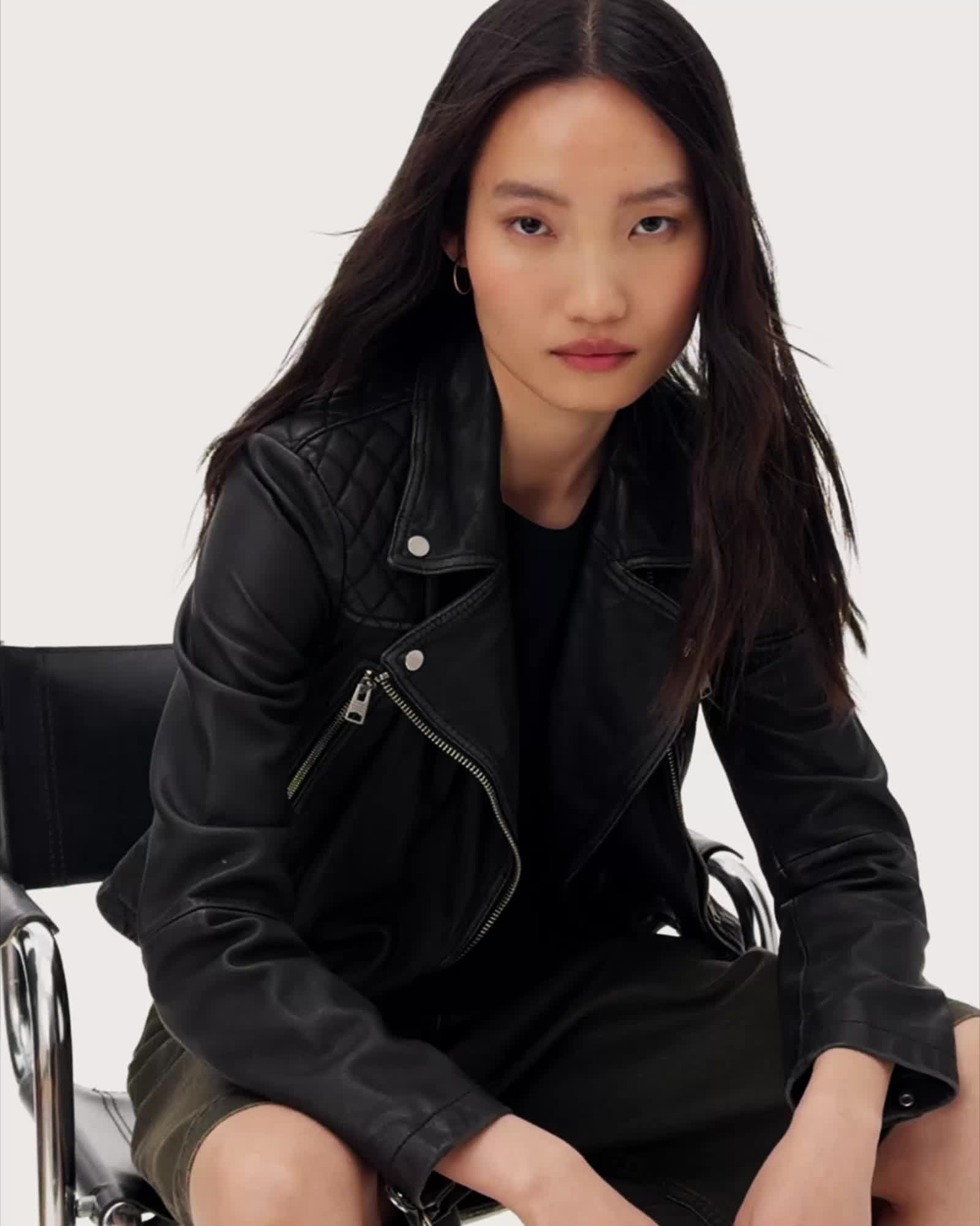 AllSaints Cargo Distressed Leather Biker Jacket Women's Black/Grey Women's