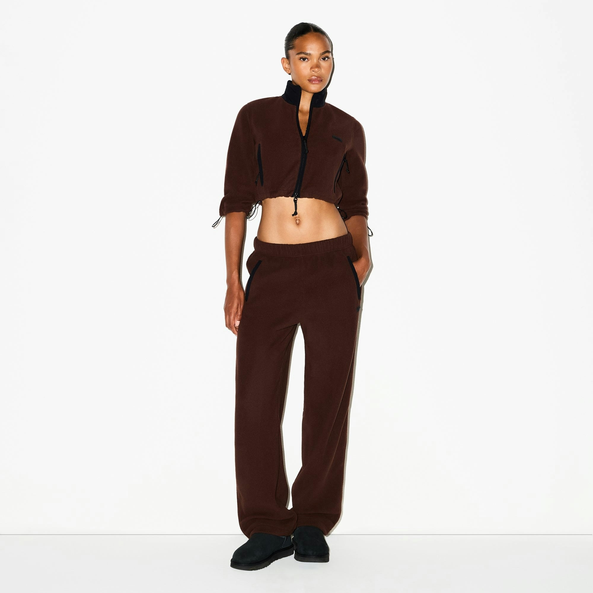 Skims Outdoor Fleece Cropped 3/4 Sleeve Jacket Cocoa