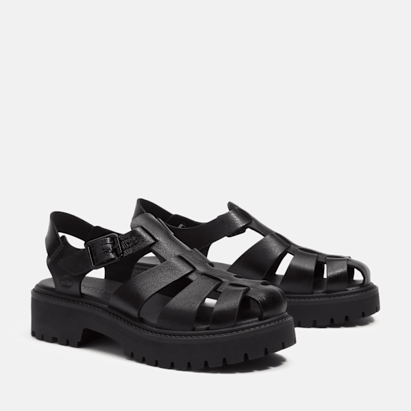 Timberland Stone Street Fisherman Platform Sandal Black Full-Grain Women'S