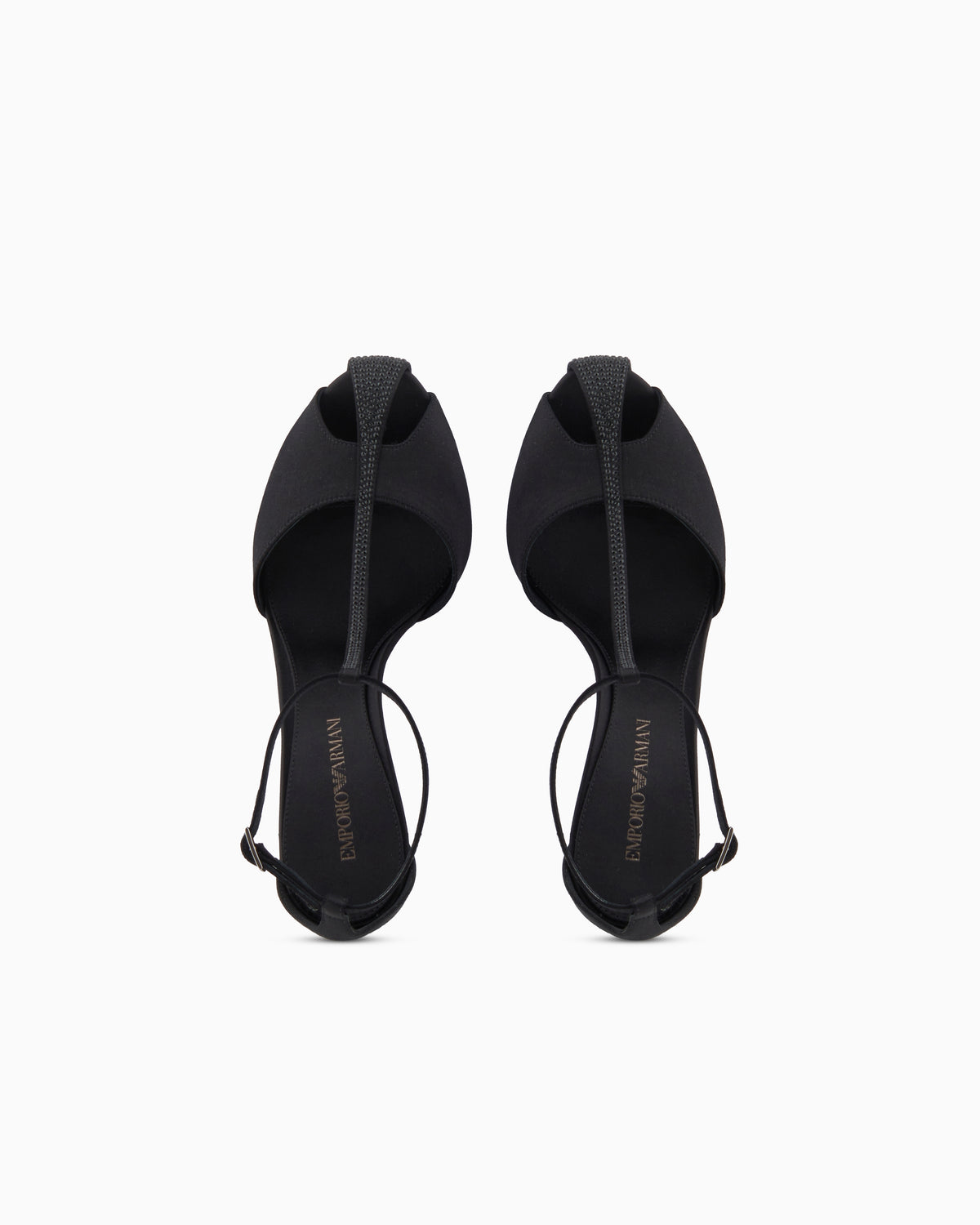 Emporio Armani Satin T-Bar Sandals With Rhinestones Black