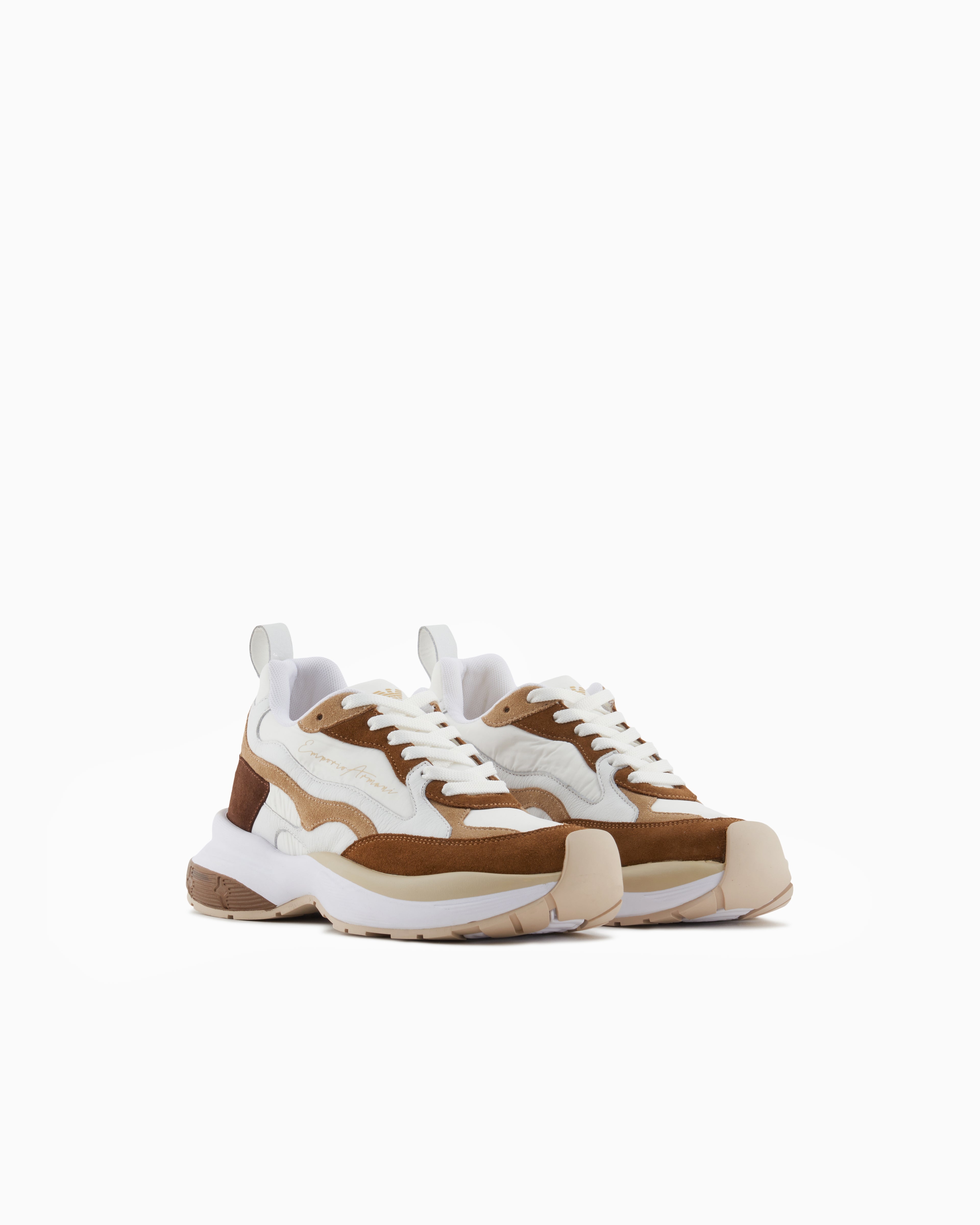 Emporio Armani Mesh Sneakers With Laminated Details And Signature Logo Beige