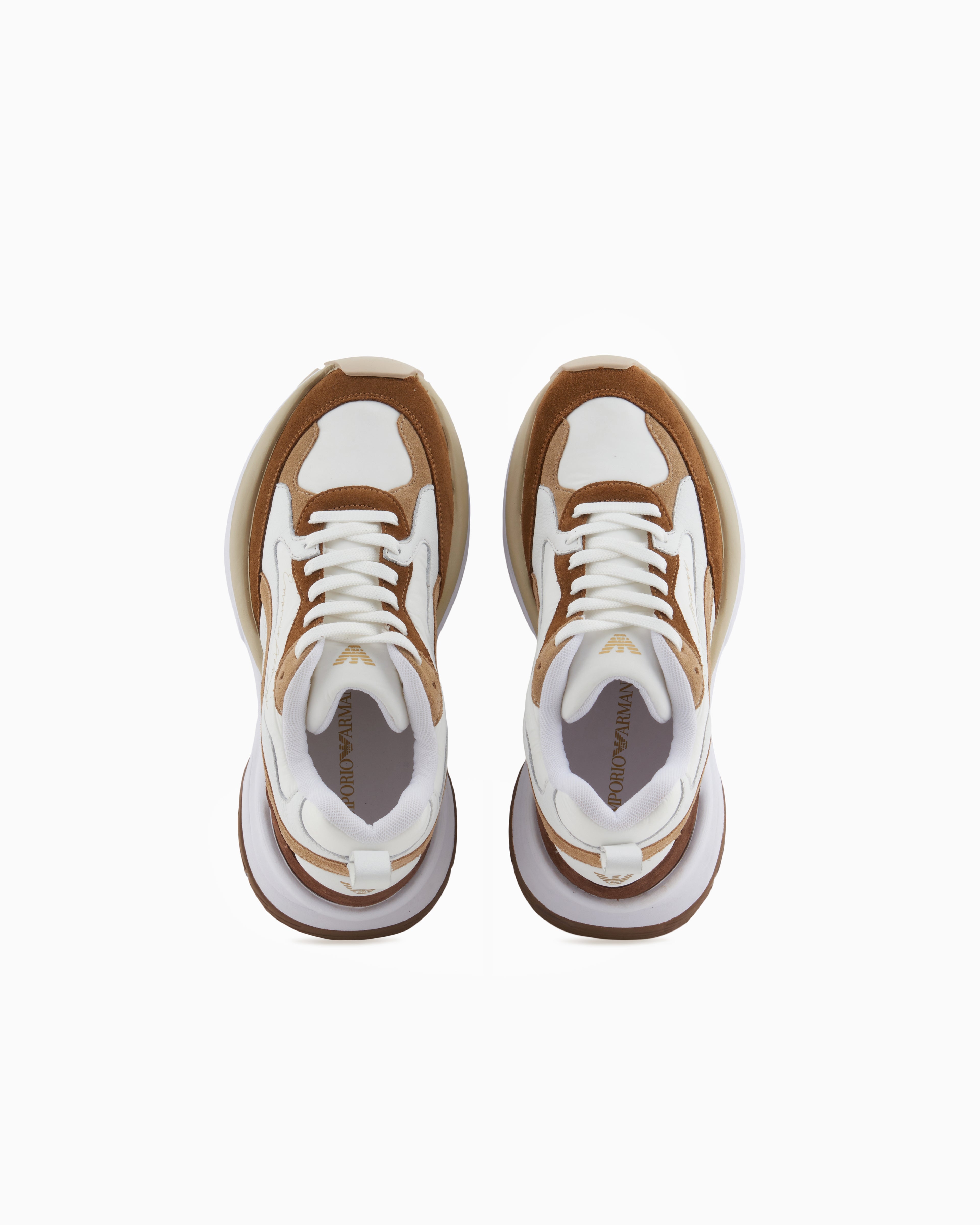 Emporio Armani Mesh Sneakers With Laminated Details And Signature Logo Beige