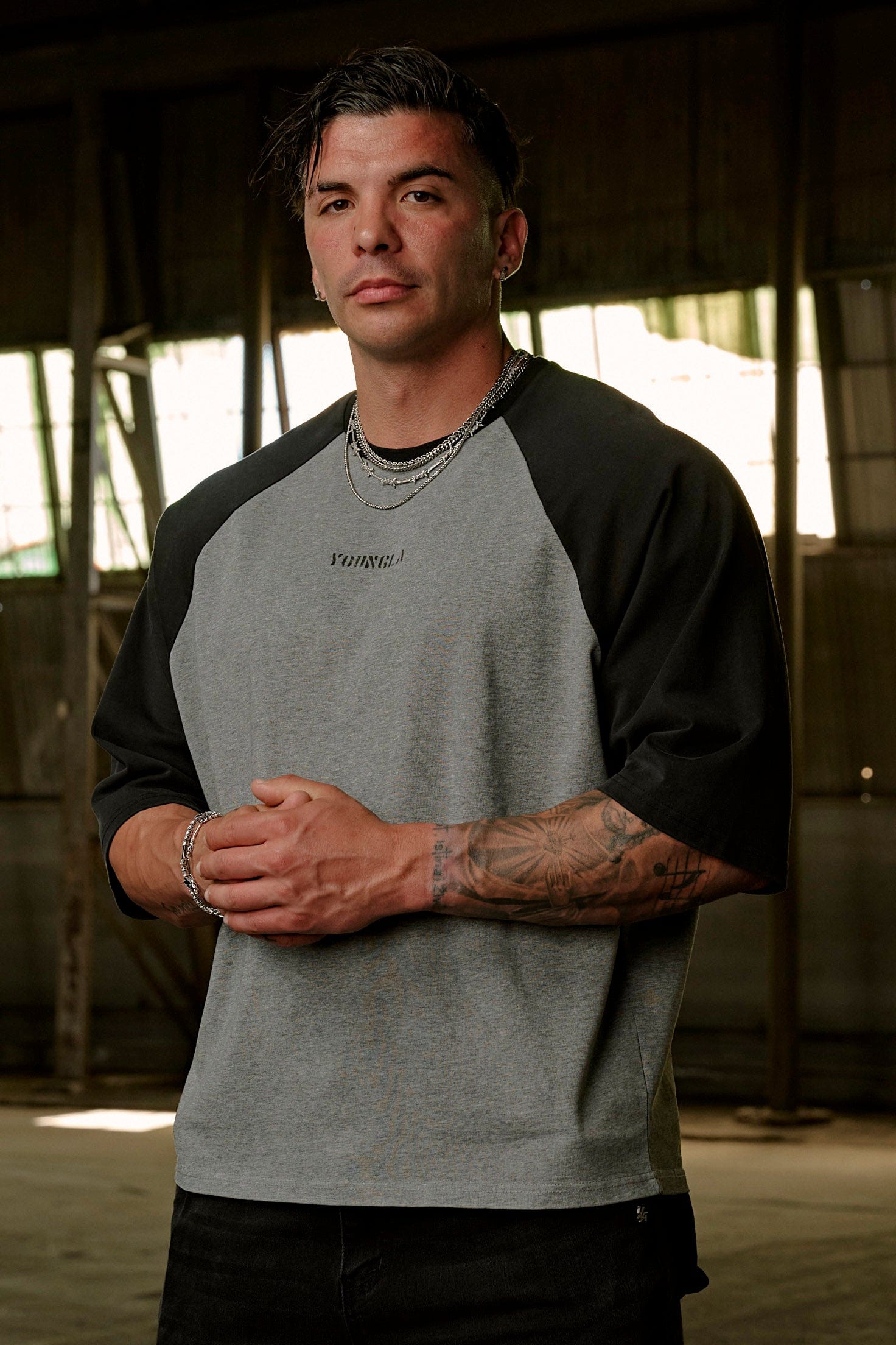 YoungLA 4139 - Oversized Baseball Tees Heather Grey/Black