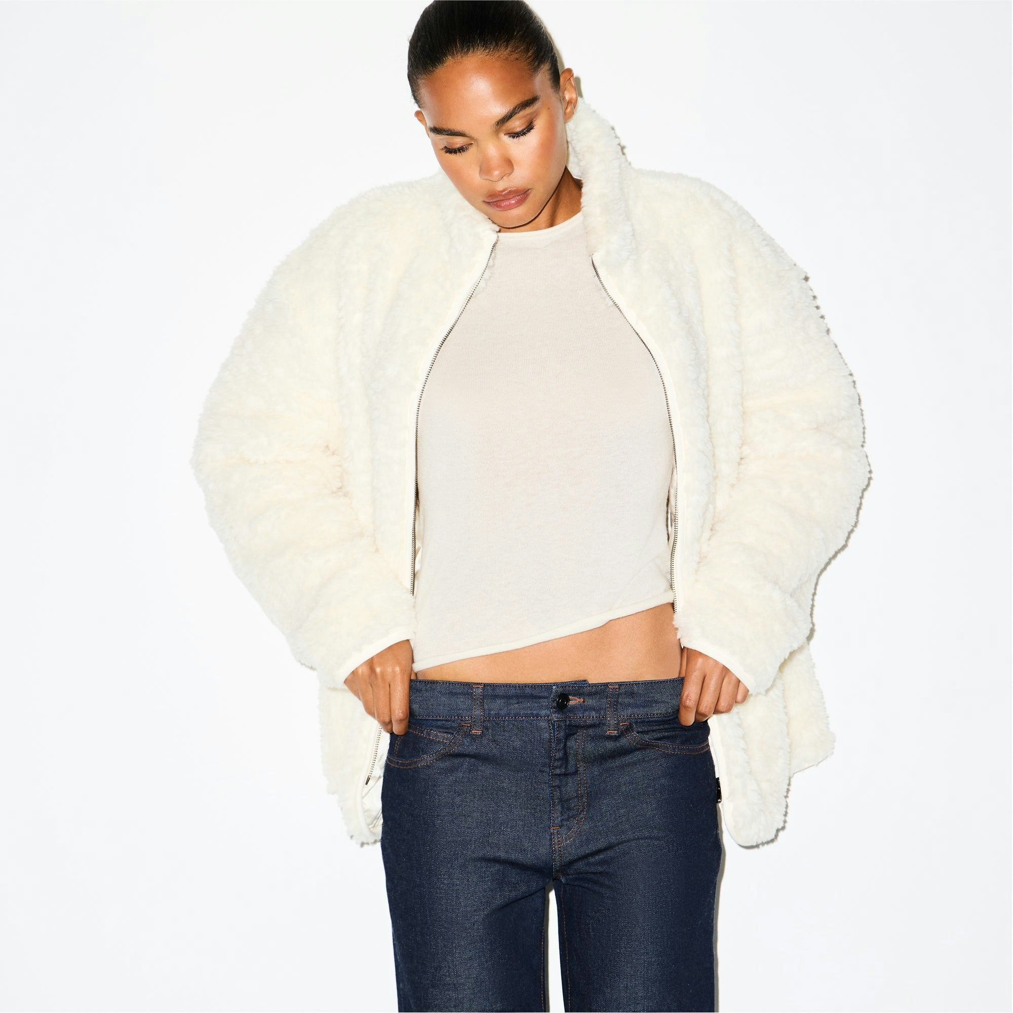 Skims Faux Fur Oversized Mock Neck Jacket Egret