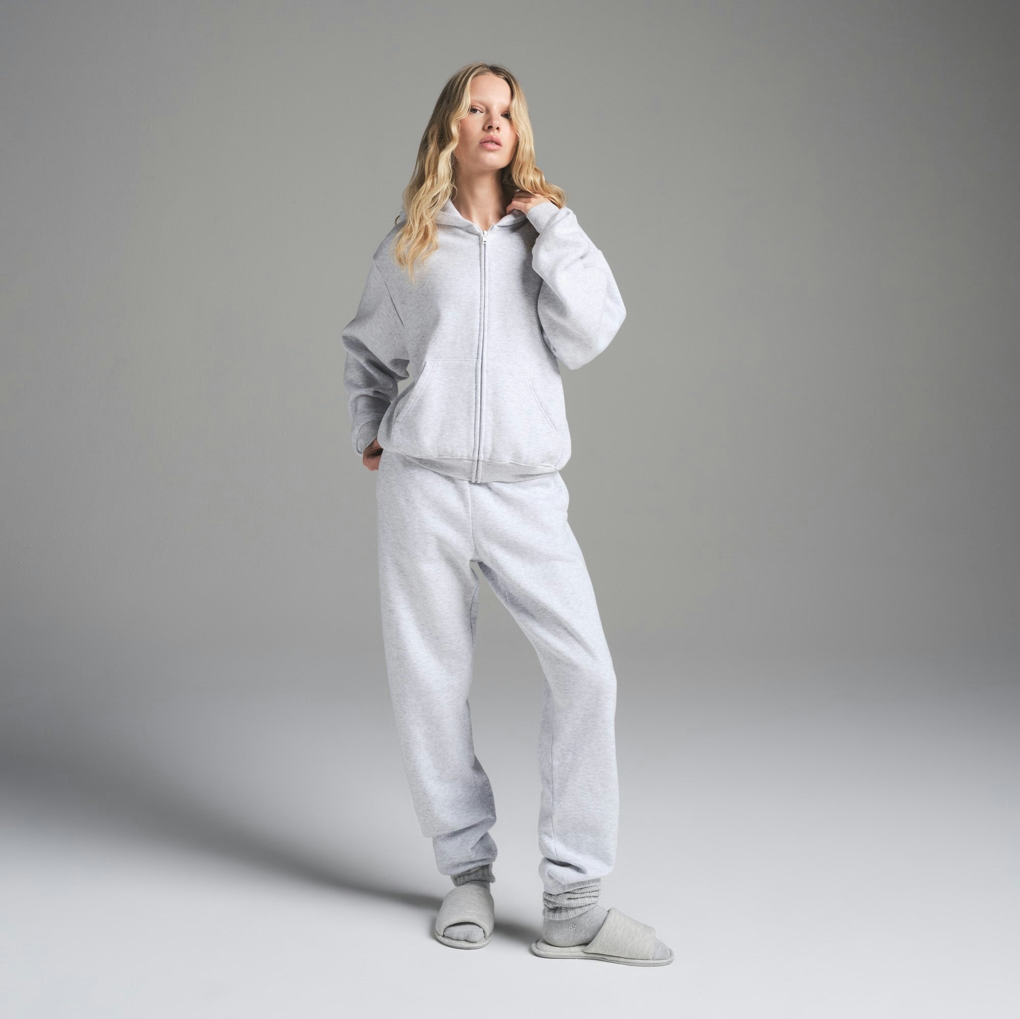 Skims Cotton Fleece Classic Zip Up Hoodie Light Heather Grey