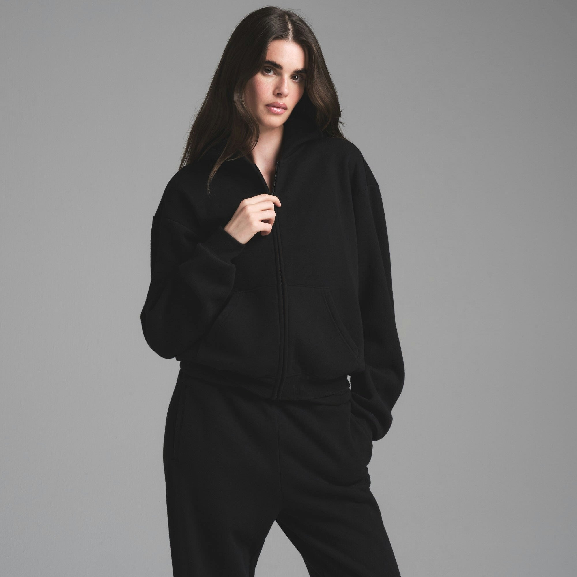 Skims Cotton Fleece Classic Zip Up Hoodie Onyx