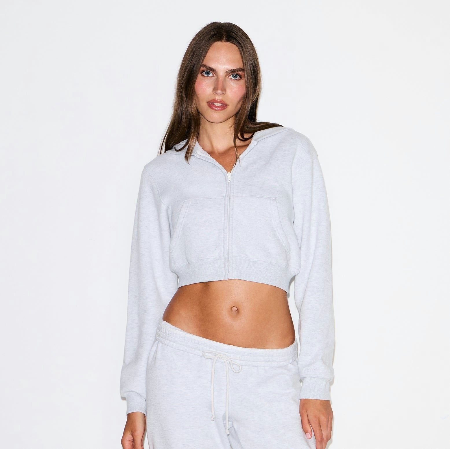 COTTON FLEECE CROPPED ZIP UP HOODIE