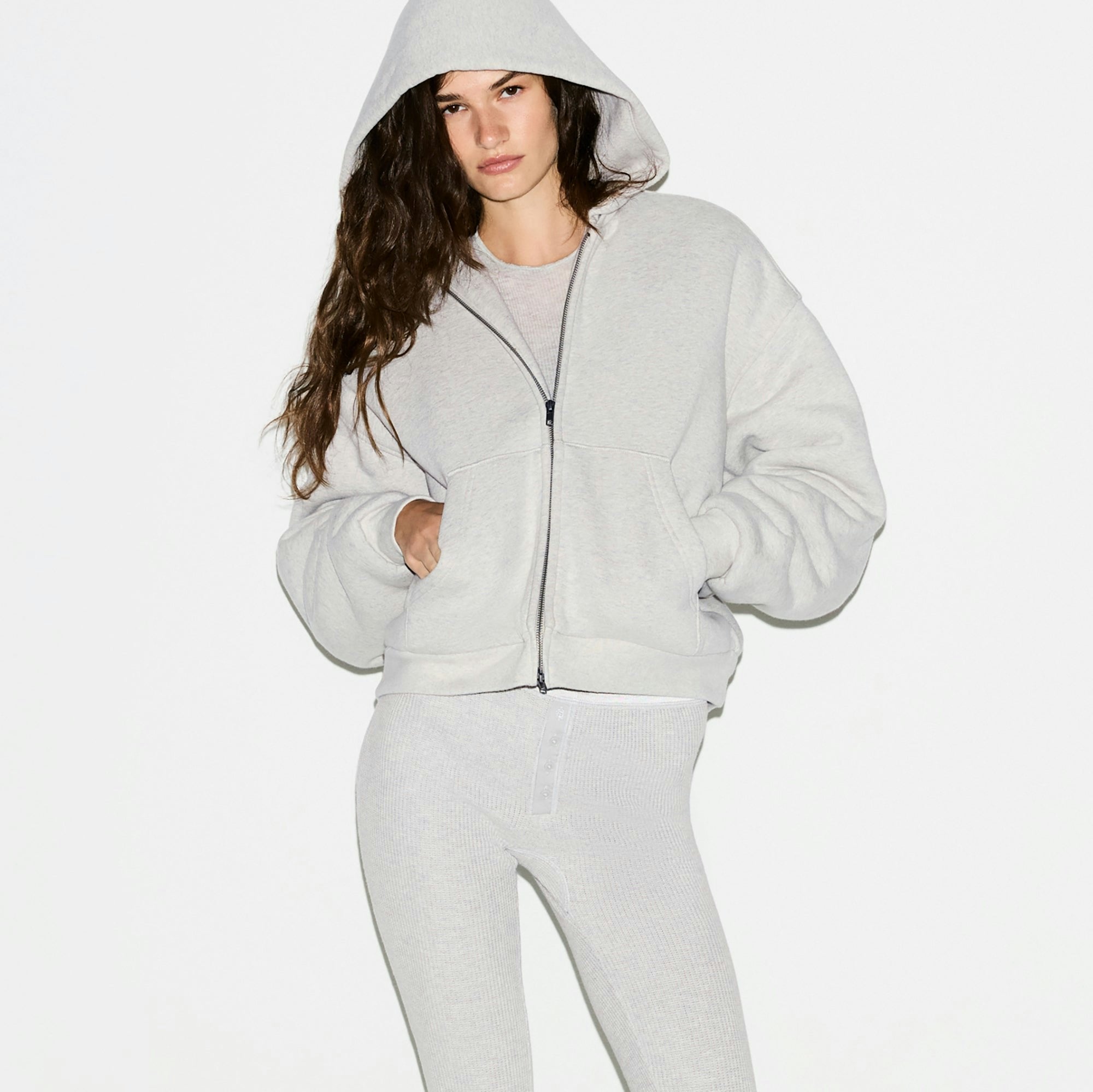 Skims Heavyweight Fleece Boxy Zip Up Hoodie Heather Grey