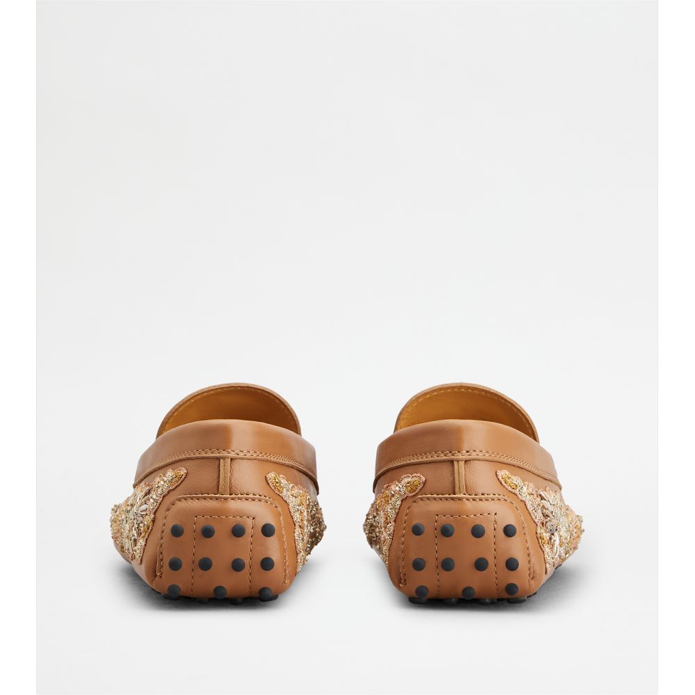 Tods T Timeless Gommino Driving Shoes In Leather Brown Gold Womens