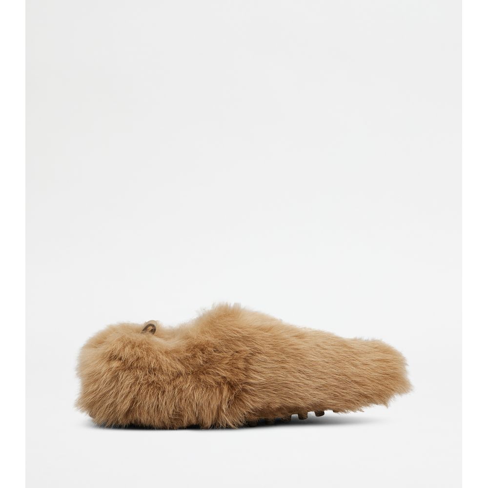 Tods Gommino Loafers In Fur Beige Womens