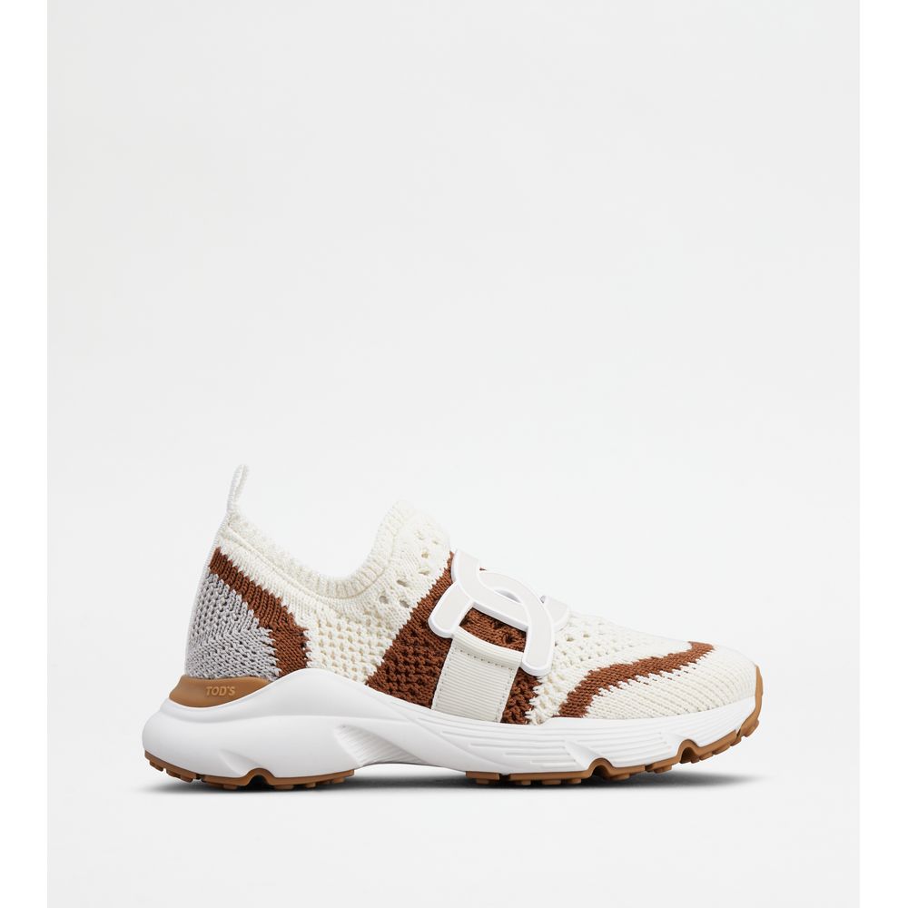 Tods Kate Slip-On Sneakers In Fabric Off White Brown Grey Womens