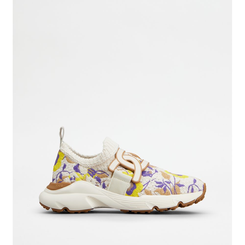Tods Kate Slip-On Sneakers In Fabric Yellow Brown Off White Womens