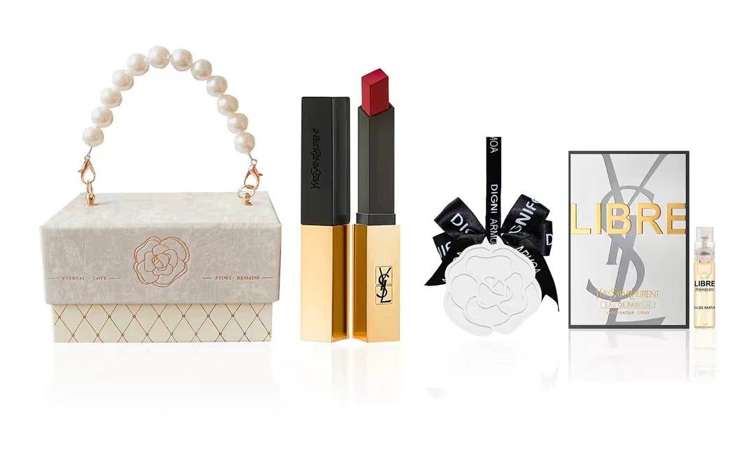 Ysl Saint Laurent Sample Makeup Set, Pearl Chanel-Inspired 3-Piece Gift Set: Includes A Natural-Looking, Sun-Protective Black Leather Cushion Foundation, A Square Tube Lipstick, And Eau De Parfum. A Mother'S Day Gift!