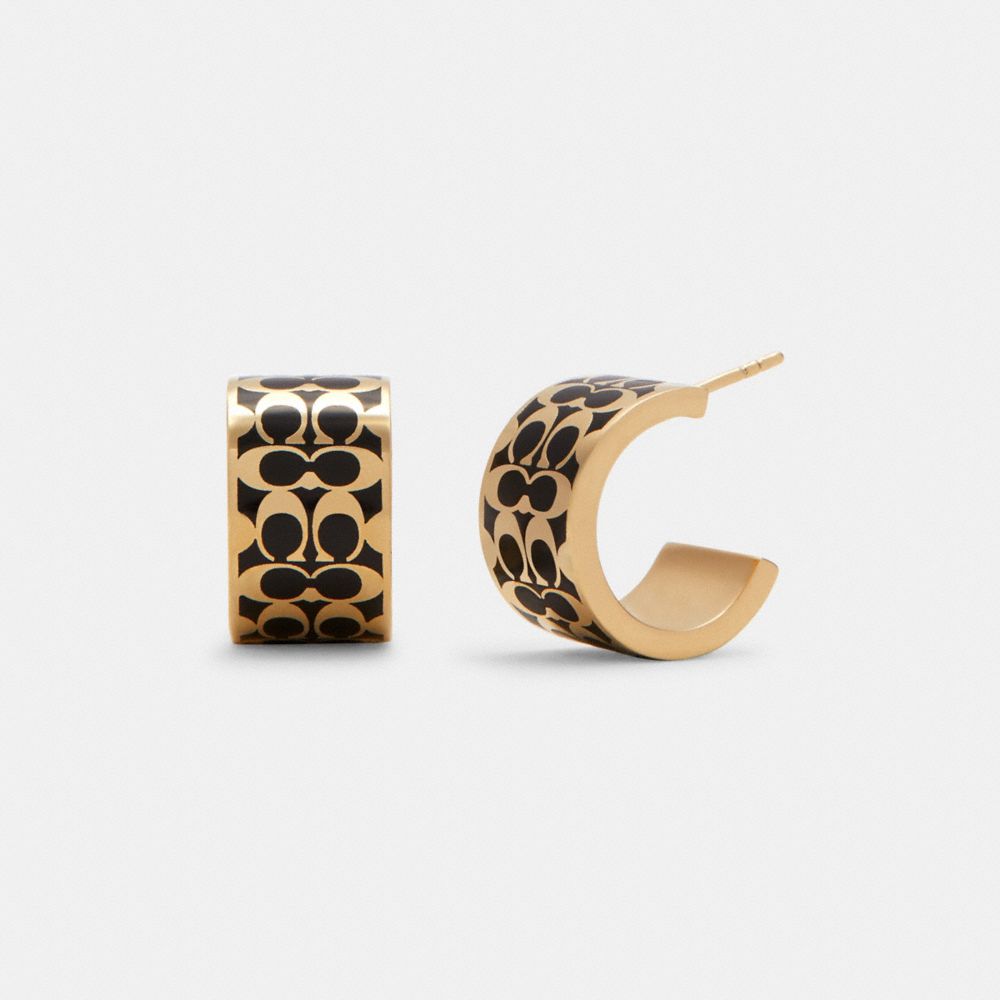 Coach Signature Enamel Huggie Earrings Gold Black