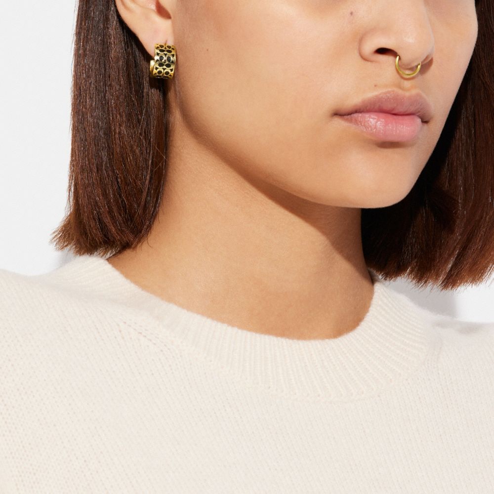 Coach Signature Enamel Huggie Earrings Gold Black
