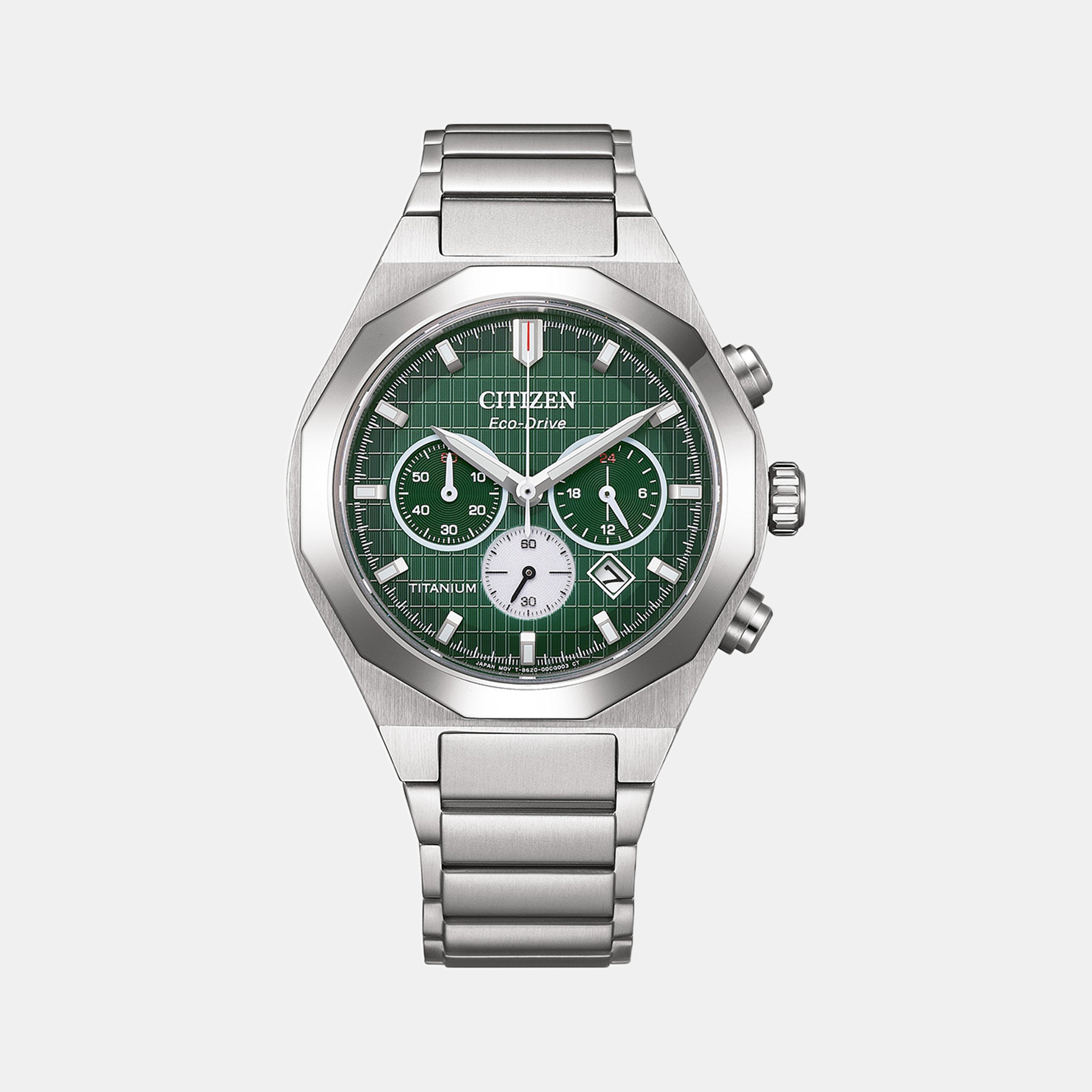 Citizen Zenshin Men Quartz Green Dial Chronograph Titanium Watch Ca4691-59X