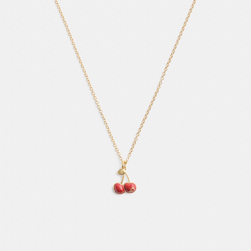 Coach Cherry Charm Pendant Necklace Gold Red