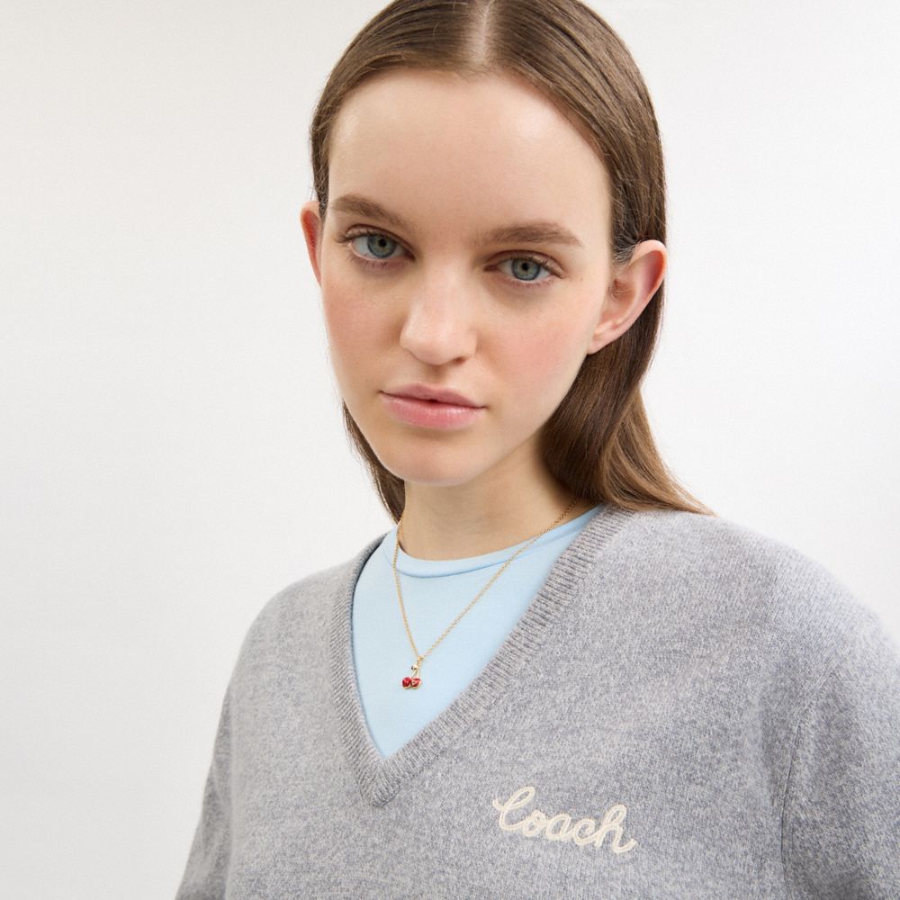 Coach Cherry Charm Pendant Necklace Gold Red