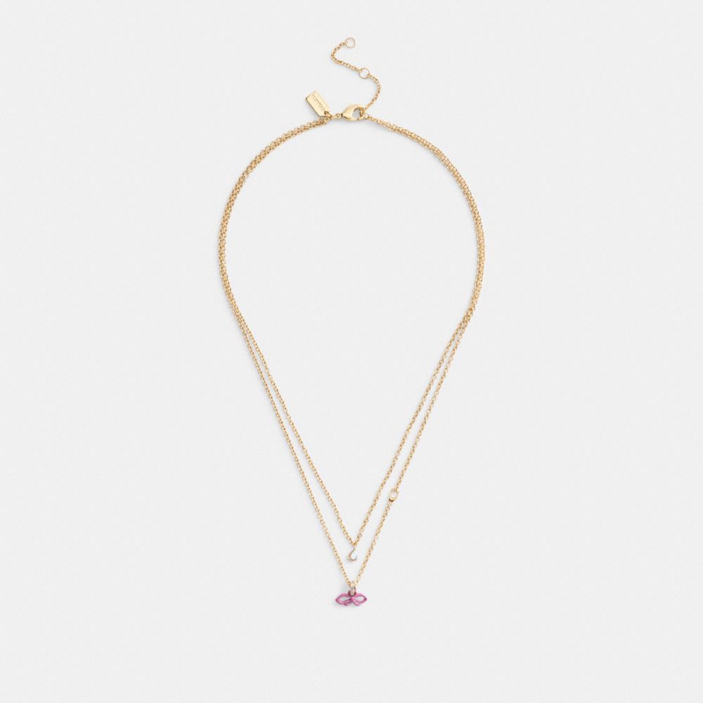Coach Mini Bow Layered Necklace Gold Pink