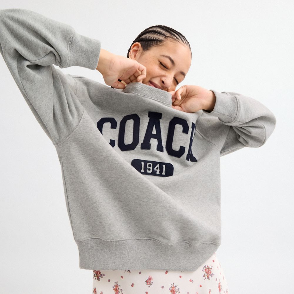 Coach Sporty Signature Boyfriend Crewneck Sweatshirt Heather Grey