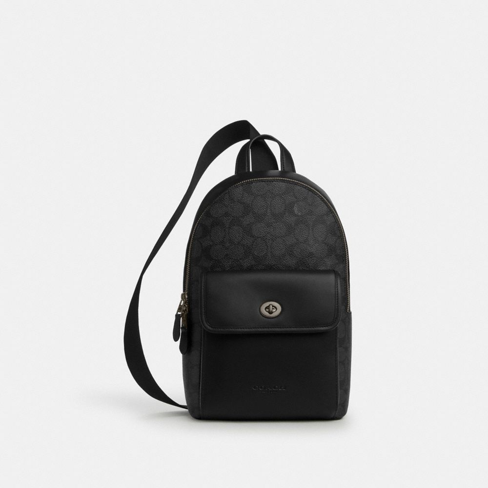 Coach Turnlock Sling Pack In Signature Canvas Gunmetal Charcoal Black
