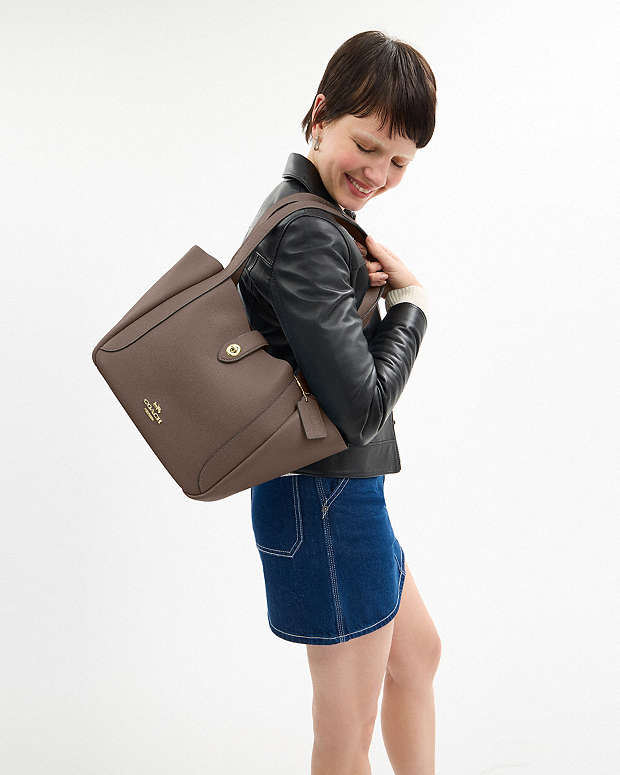 Hadley Turnlock Tote Bag Pebbled Leather-Gold-Dark Stone Pebbled Leather-Gold-Dark Stone