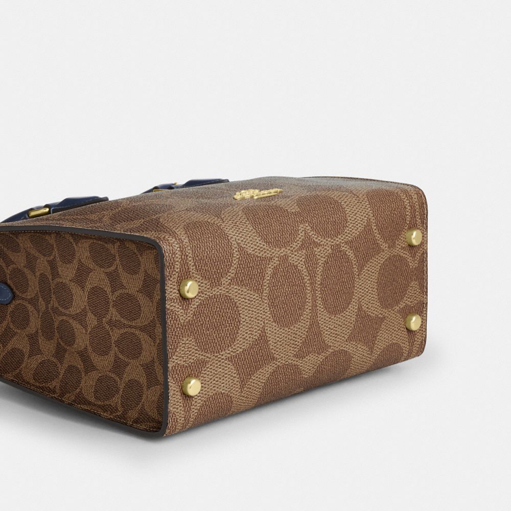 Coach Maggie Small Tote Bag In Signature Canvas Gold Tan Deep Blue