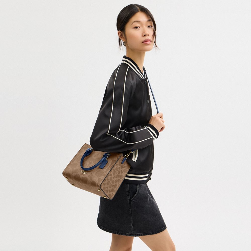 Coach Maggie Small Tote Bag In Signature Canvas Gold Tan Deep Blue