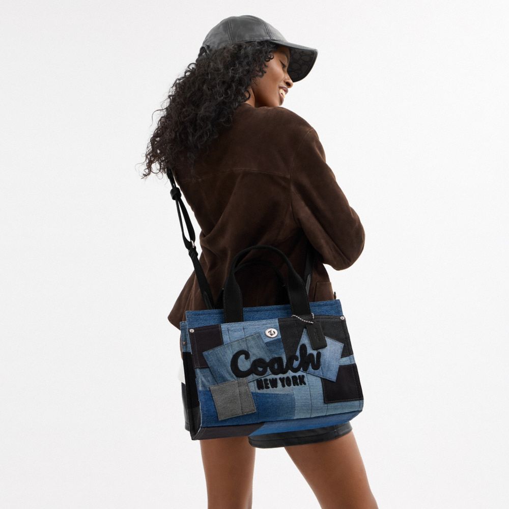 Coach Cargo Tote Bag With Patchwork Silver Denim Multi