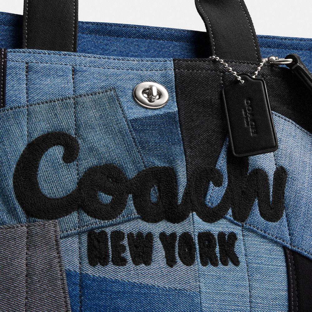 Coach Cargo Tote Bag With Patchwork Silver Denim Multi