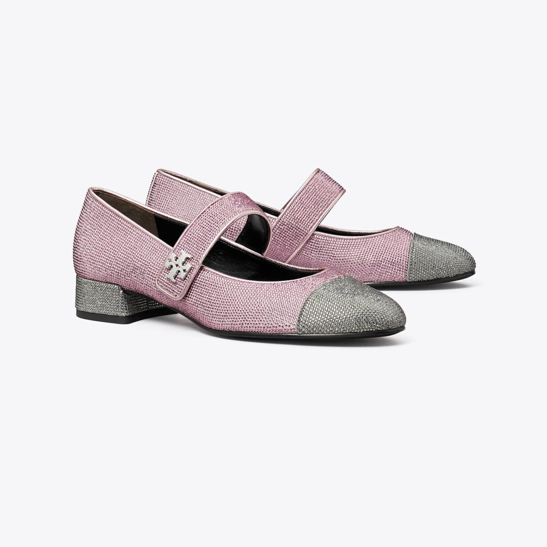 Tory Burch Cap-Toe Mary Jane Pav Heeled Ballet GRAY STONE / SPARKLE PINK