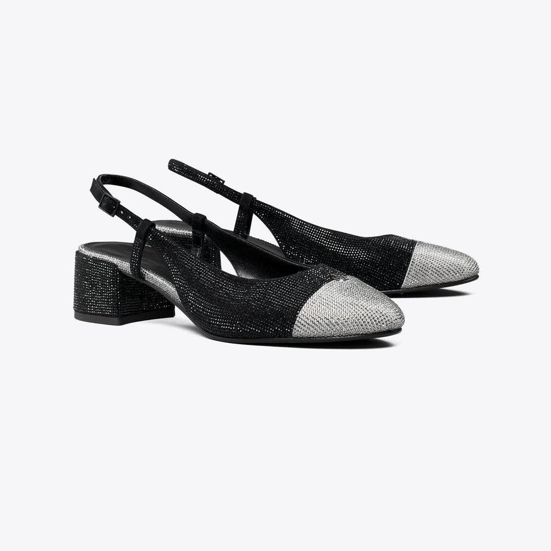 Tory Burch Cap-Toe Pav Slingback PERFECT BLACK / SILVER