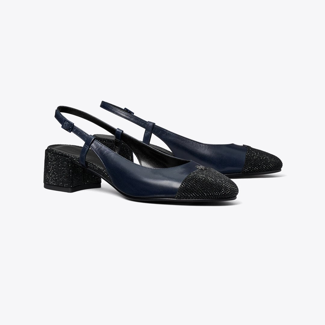 Tory Burch Cap-Toe Pav Slingback Pump NEW NAVY / PERFECT BLACK