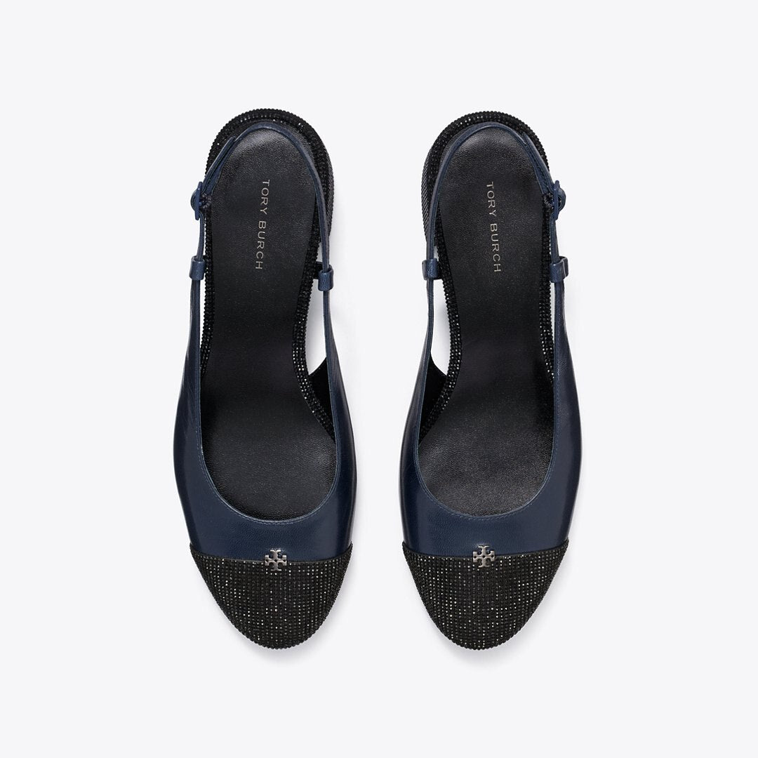 Tory Burch Cap-Toe Pav Slingback Pump NEW NAVY / PERFECT BLACK