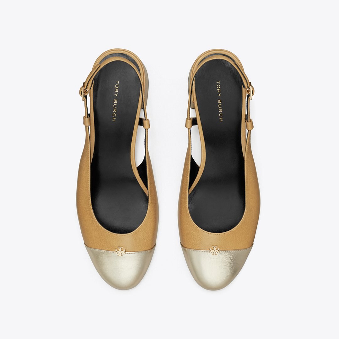 Tory Burch Cap-Toe Slingback Pump GINGER SHORTBREAD / SPARK GOLD