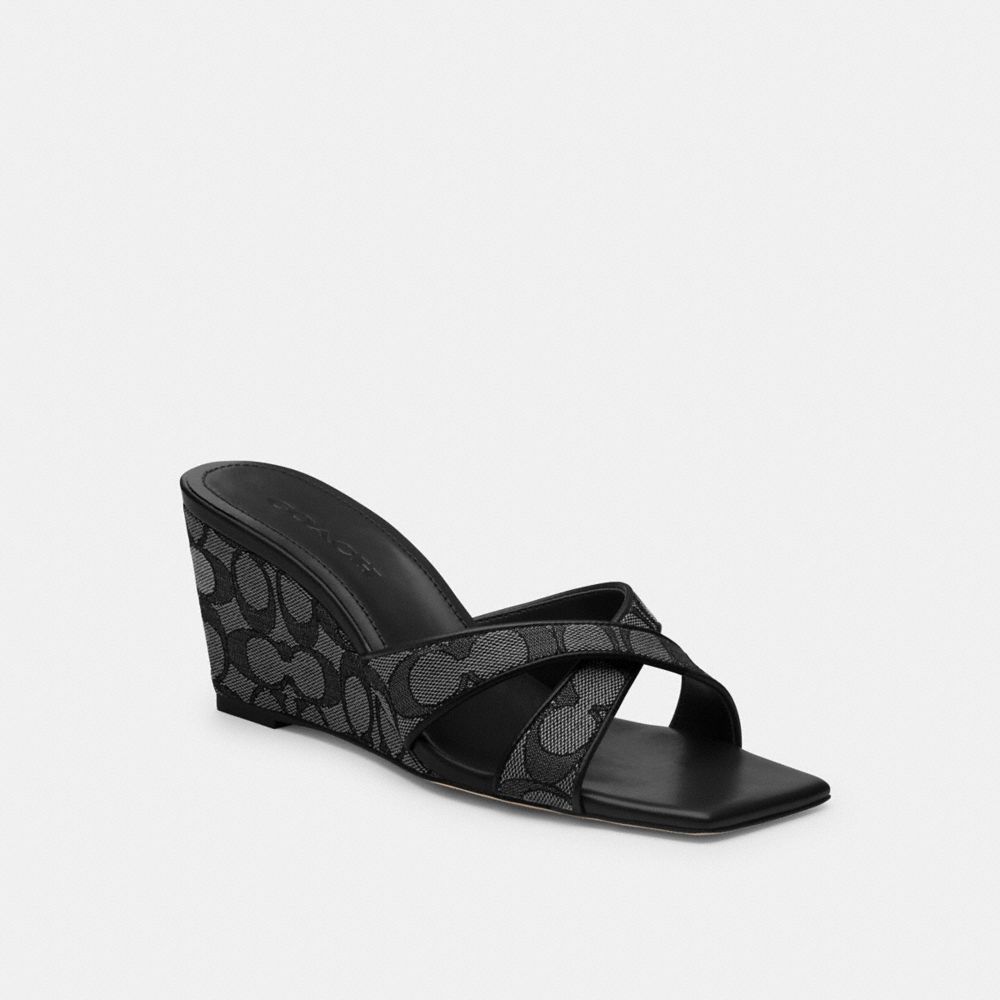 Coach Wedge Sandal In Signature Jacquard Smoke Coal Black