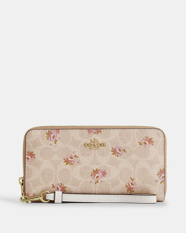 Long Zip Around Wallet In Signature Canvas With Floral Print Gold-Sand Multi Gold-Sand Multi