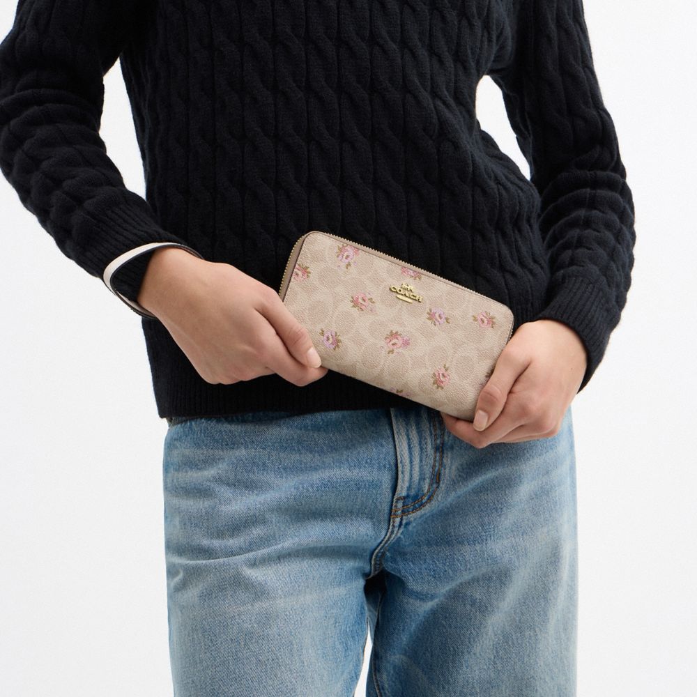 Coach Long Zip Around Wallet In Signature Canvas With Floral Print Gold Sand Multi