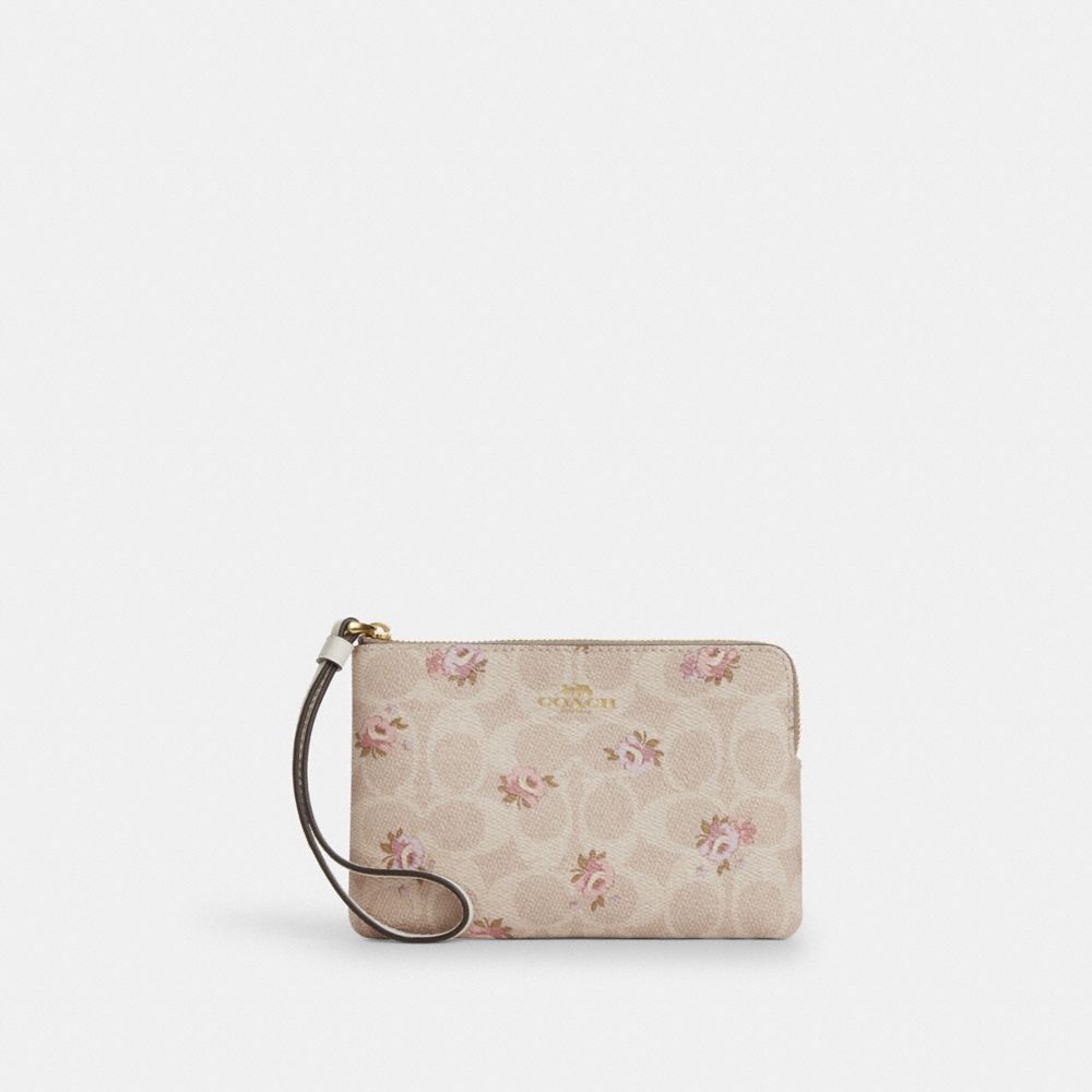 Coach Corner Zip Wristlet In Signature Canvas With Floral Print Gold/Sand Multi