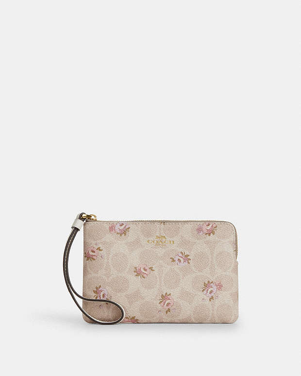 Corner Zip Wristlet In Signature Canvas With Floral Print Gold-Sand Multi Gold-Sand Multi