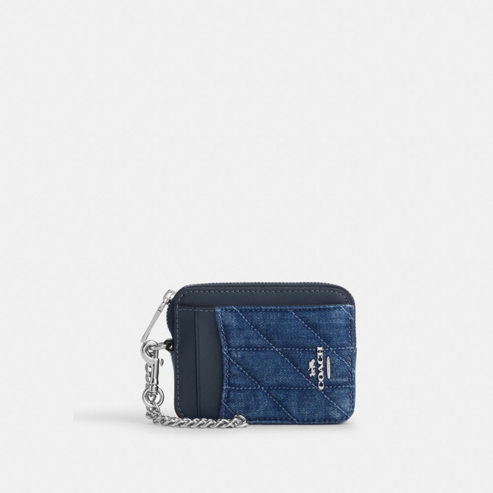 Coach Zip Card Case With Quilting Silver Denim