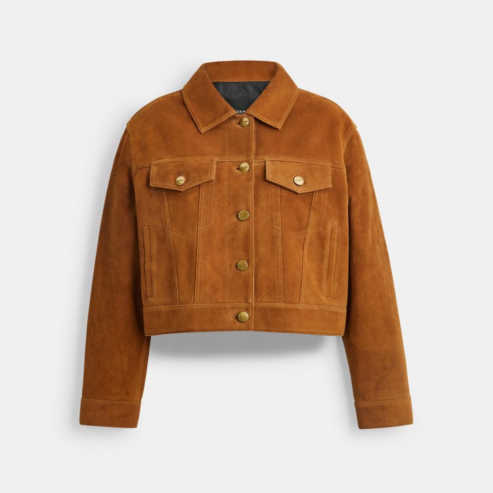 Coach Cropped Suede Jacket Warm Brown
