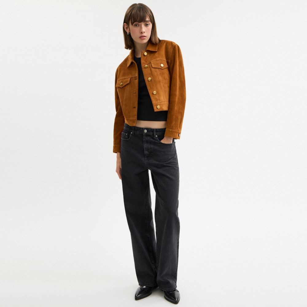 Coach Cropped Suede Jacket Warm Brown