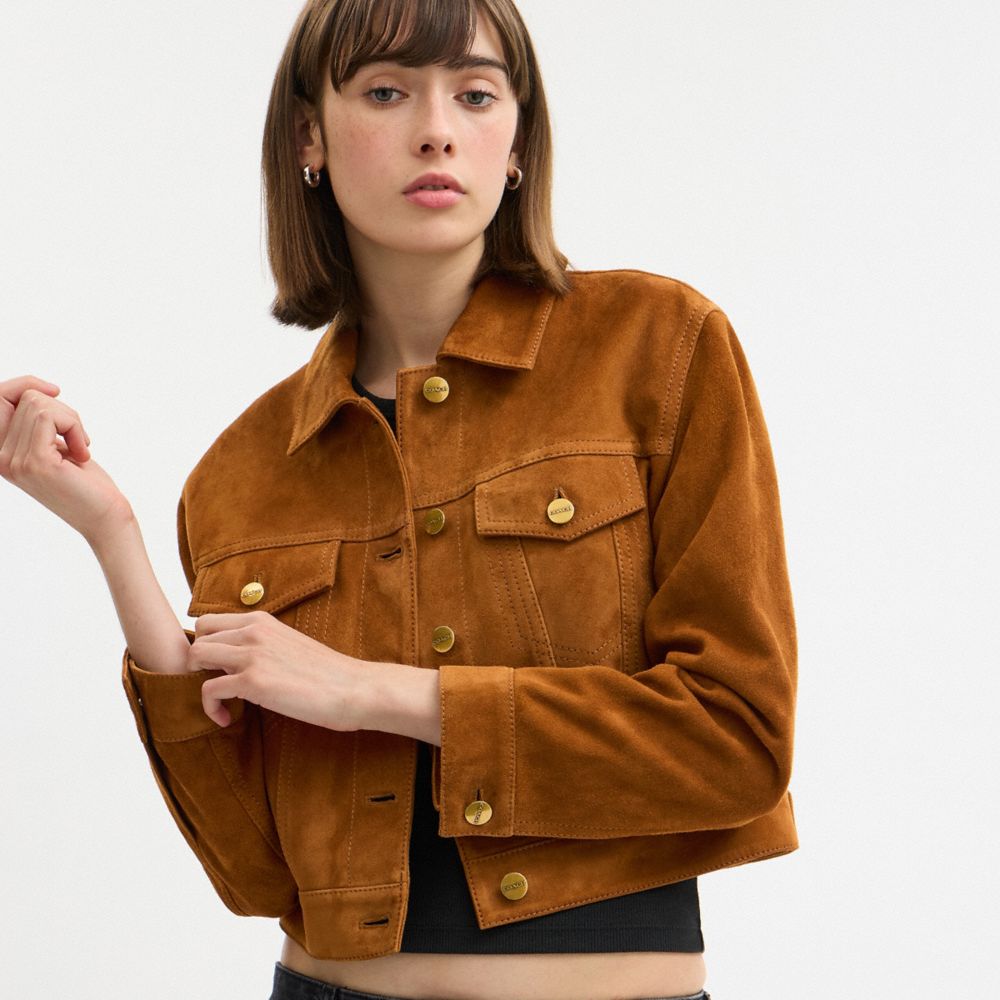 Coach Cropped Suede Jacket Warm Brown